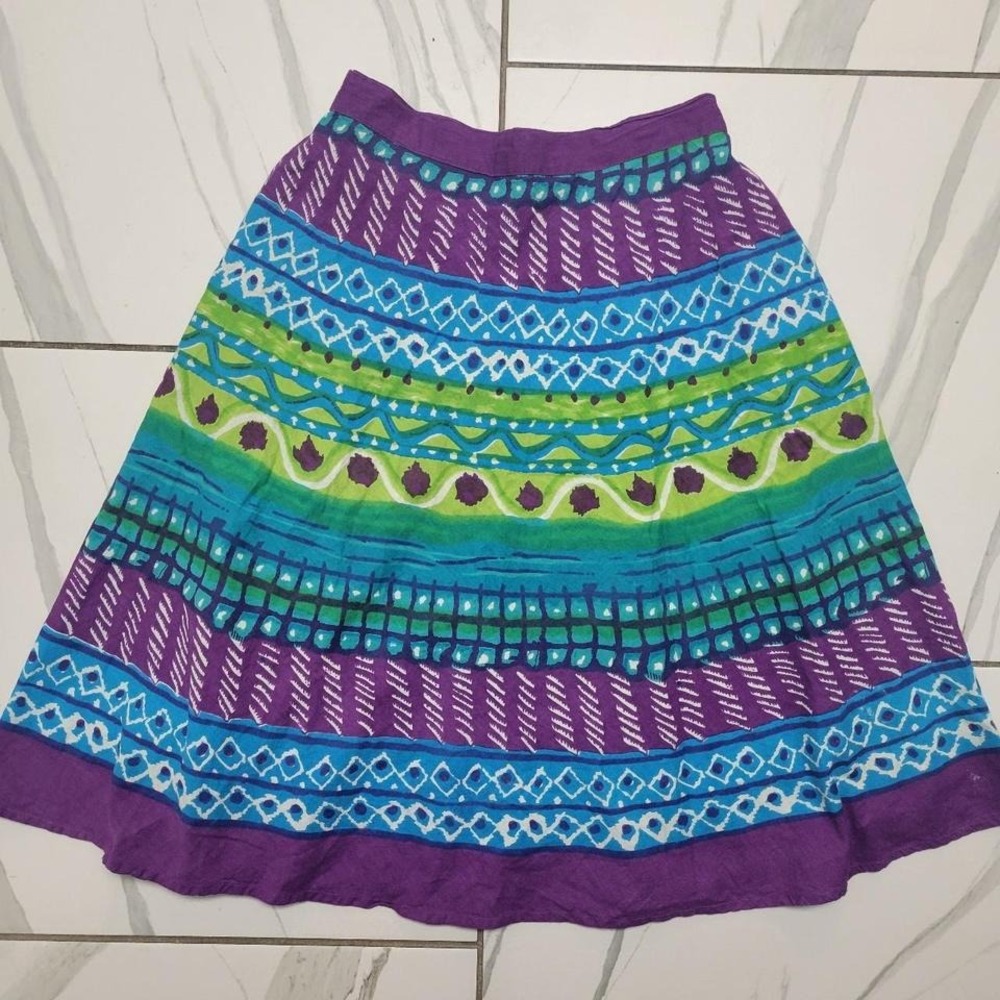 Vintage Artsy Colorful midi flowy skirt with elastic waistband Size L